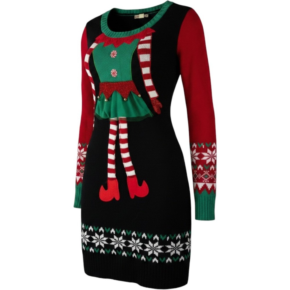 It's Our Time Sweater Dress Women XL Black Good Christmas Elf Fair Isle holiday